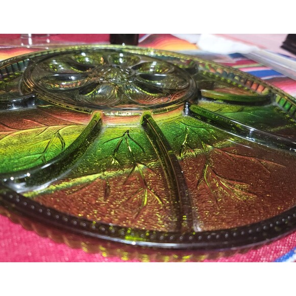 Indiana Green Glass Deviled Egg & Relish Dish‎ Serving Platter 13" Entertaining - Picture 4 of 11
